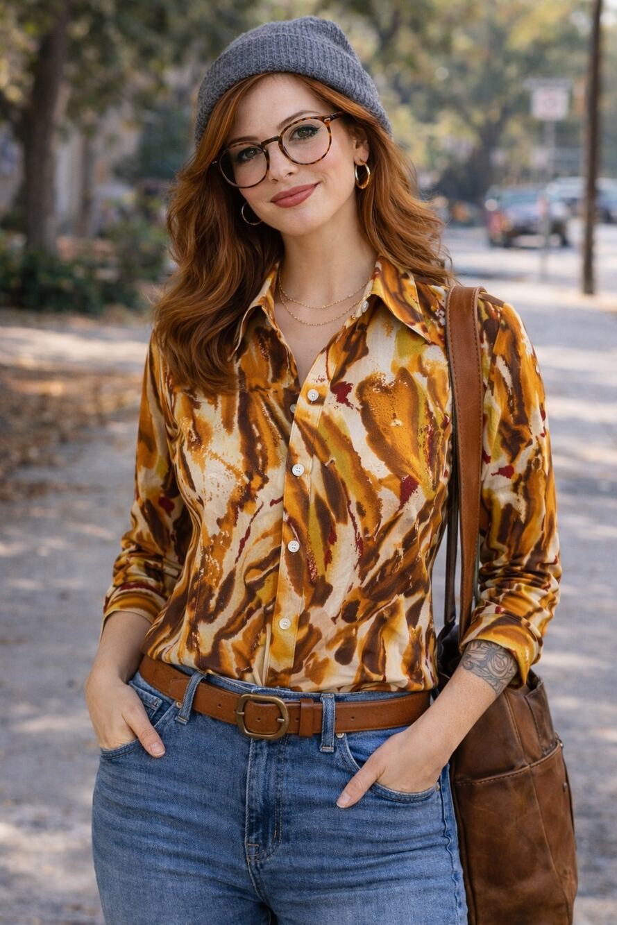 Vintage 70s Elles Belles Button Up Casual Shirt Brown Long Sleeve Size 13/14